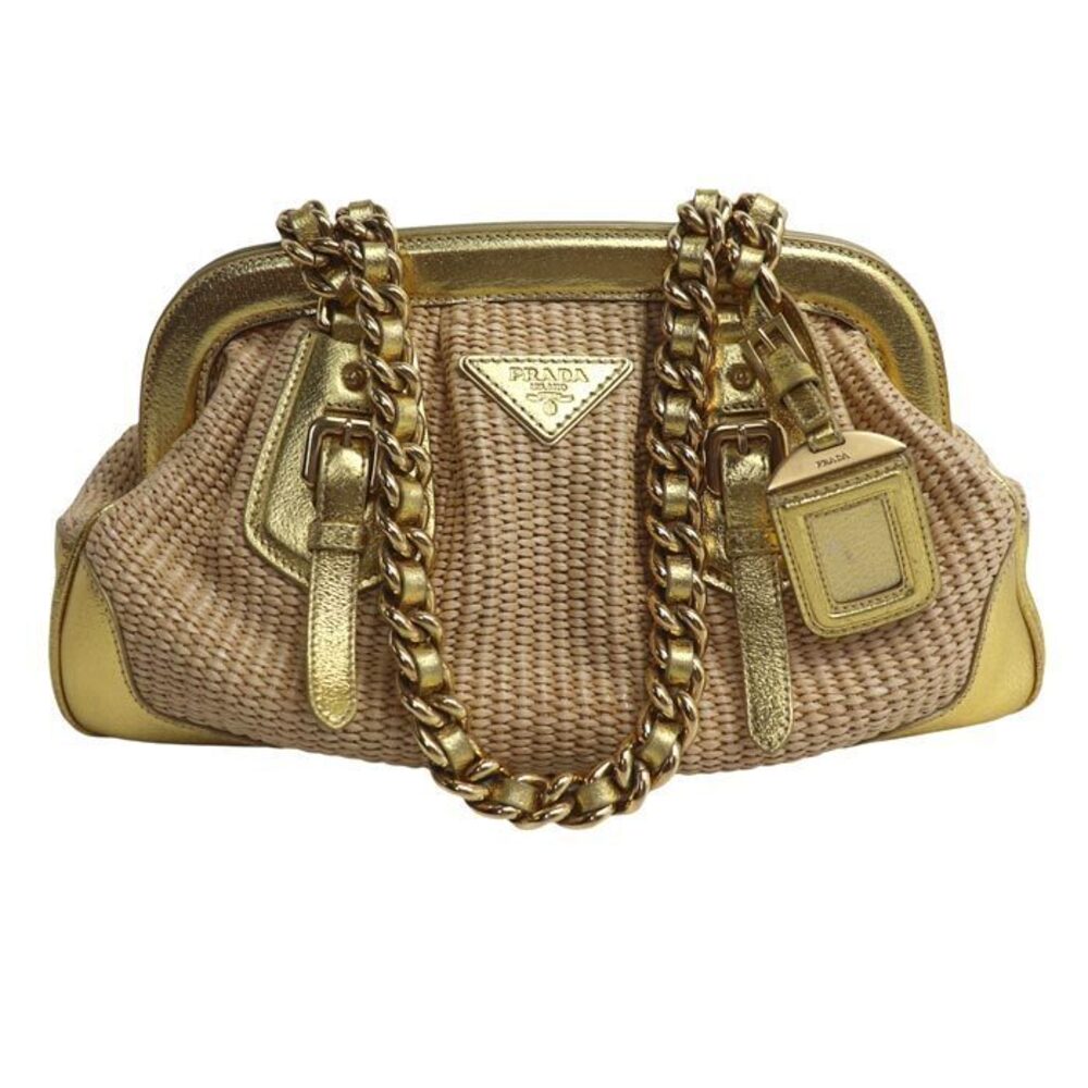 Prada Straw Beige 2Way Shoulder Bag Tan